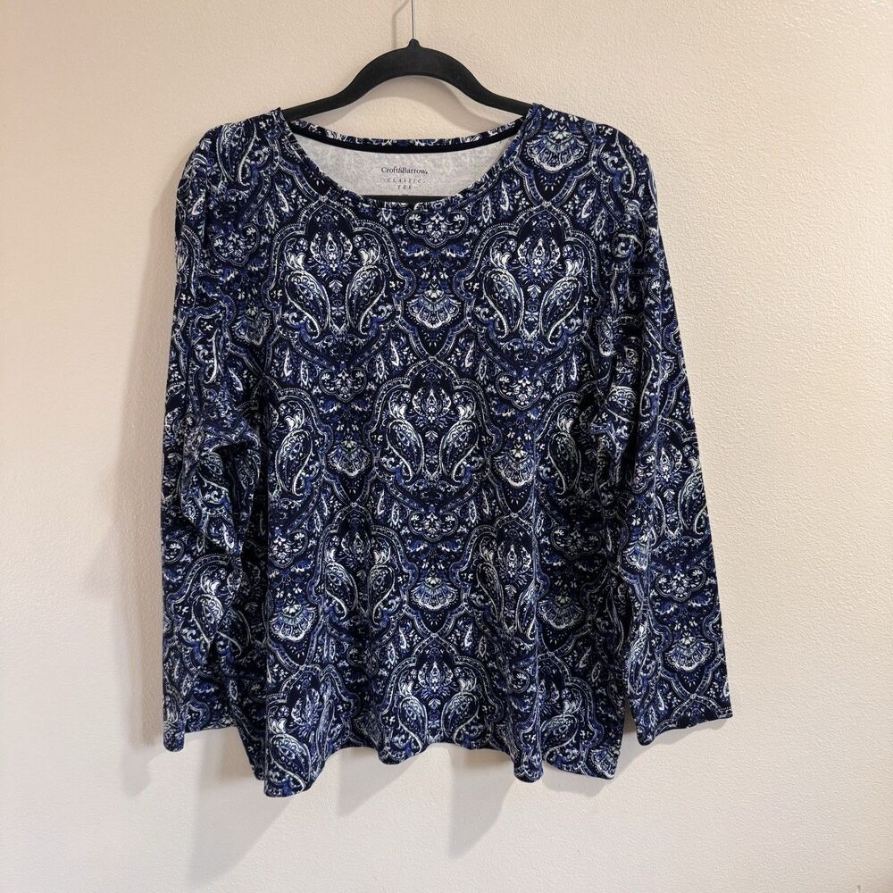 Croft & Barrow Shirt 2X Navy Blue White Paisley 100% Cotton Long Sleeve